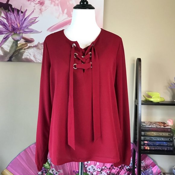 Wine Red Burgundy Lace Up Front Dress Top - Picture 1 of 8